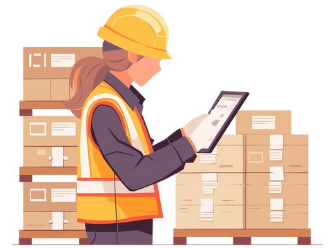 Warehouse worker wearing hardhat and safety vest uses tablet to manage inventory