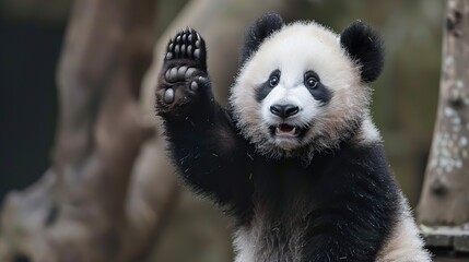 A Cute Panda Raising Hand . Generative Ai