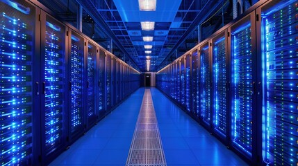 Obraz premium Rack Server on server room Data center, server room security, data center server, web host warehouse data server cabinets network storage database.
