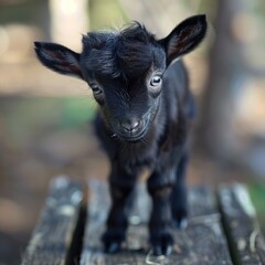 cute black dwarf Goat looking at camera while standing on wooden table. Generative Ai