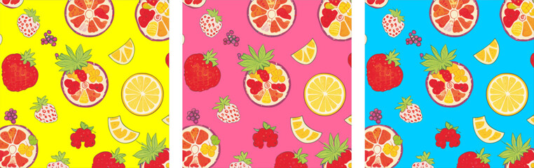 Vector set of bright citrus pattern.
Abstract summer background with tropical 
fruits (lemon, orange) and berries
for clothing, 
fabric, textile, paper, notepad, packaging, school notebook.