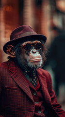 Suave monkey navigates city streets with tailored finesse, embodying street style.