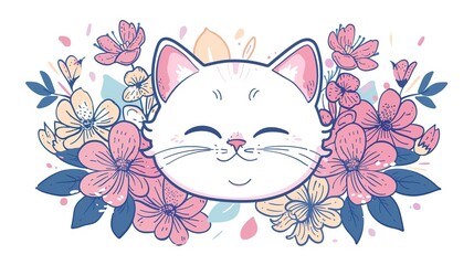 Cute cat head in flowers minimalist style is a stylish line in pastel colors . Generative Ai