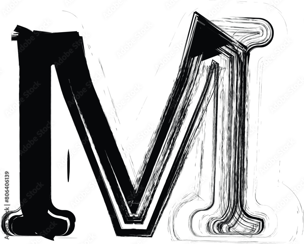 Fototapete textured font with an eroded rough letterpress print texture. unique design font. letter m