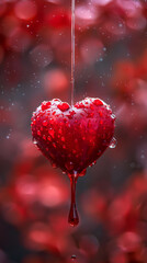 Dripping red heart against a blurred red background, suitable for emotional and romantic themes. World Blood Donor Day.