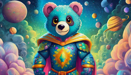 oil painting style cartoon character Bear super hero, space and planets with cosmos star galaxy dust,