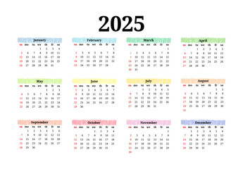 Calendar for 2025 isolated on a white background