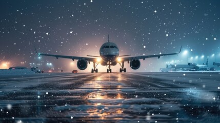 Airplane landing gear during the de-icing process, Winter night at airport during snowfall,