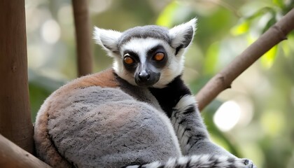 Naklejka premium A Lemur With Its Eyes Closed Napping In A Cozy Sp