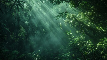 Dark rainforest, sun rays through the trees, rich jungle greenery. Atmospheric fantasy forest. 3D illustration.