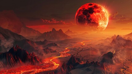 Fantasy mountain landscape, large crack in the ground, lava, big red moon, global warming of the planet.
