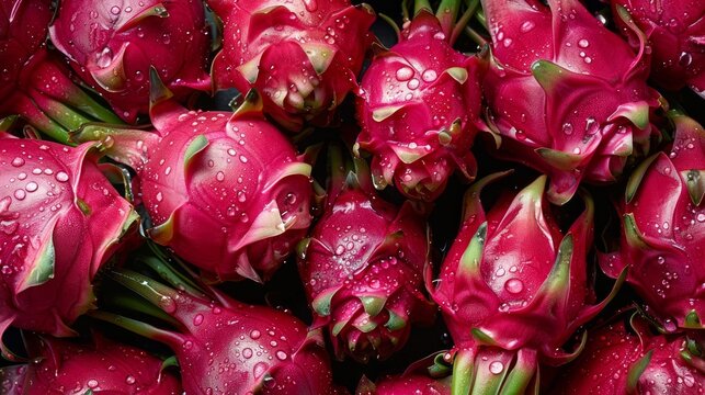 Fresh Dragon Fruits with Water Drops.
