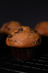 Homemade chocolate muffins on a black background. Selective focus.