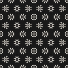 Simple black and white abstract floral seamless pattern. Minimal vector texture with small geometric flower silhouettes. Elegant monochrome background. Repeated dark design for decor, fabric, package