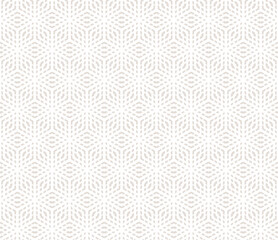 Vector minimalist geometric seamless pattern with hexagons, rhombuses, cubic grid, lattice, mesh, net. Subtle beige and white abstract background texture. Simple repeated geo design for print, decor