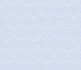 Blue vector seamless pattern with hexagons, lines. Subtle minimalist abstract geometric background with outline hexagonal grid. Simple linear texture. Repeated geo design for decor, print, wallpaper
