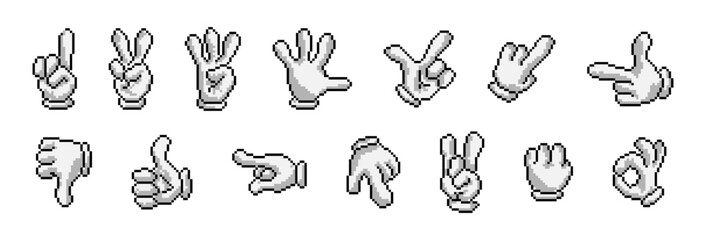 Obraz premium Hand gesture pixel cartoon style set. Palm gestures pixelated collection.