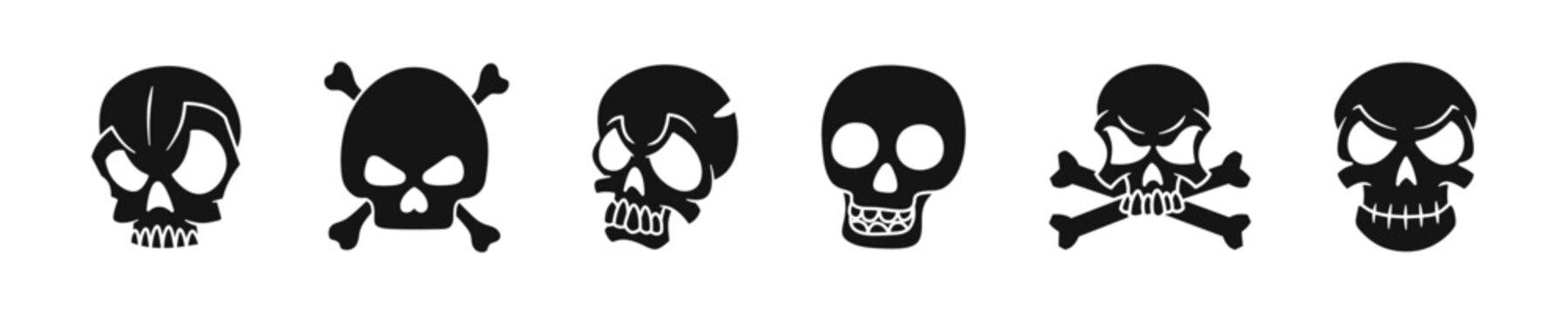 Skull cartoon style vector set. Skeleton head evil collection.