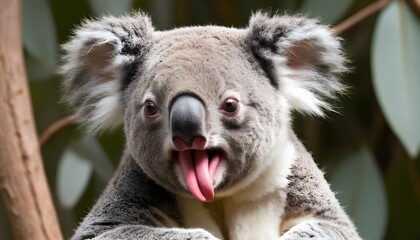 A Koala With Its Tongue Curled Up In Its Mouth