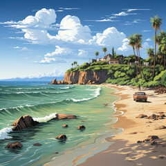 Watercolor summer beach landscape vector, clipart Illustration, Generative Ai