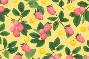 Flat design pink berries and yellow lemons with green leaves on seamless pattern illustration