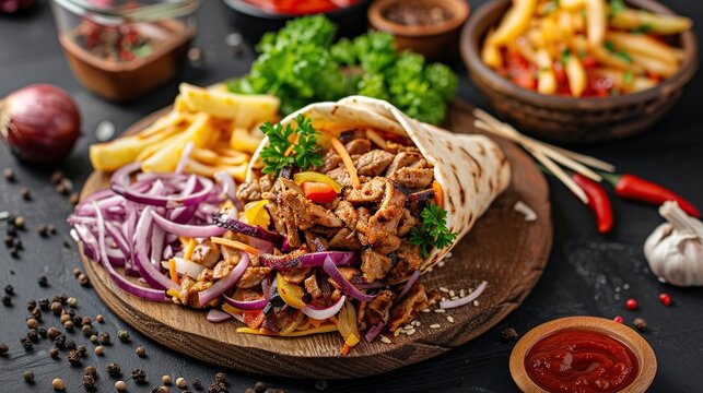 Contemporary poster with shawarma with vegetables. Generative Ai
