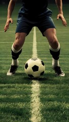 Obraz premium Skilled player dribbling classic ball on green field, dressed in dark shorts, white socks, sports shoes, mid-stride, focused on legs and ball, blurred background.