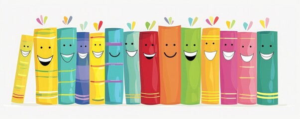 A group of books with smiley faces on their spines. The books are arranged in a row and are all different colors.