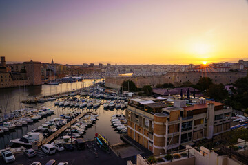 Sunrise overlooking harbor in Marseille France
