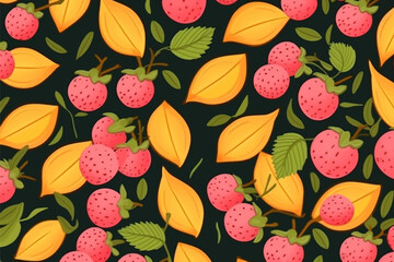 Flat design pink berries and yellow lemons with green leaves on seamless pattern illustration