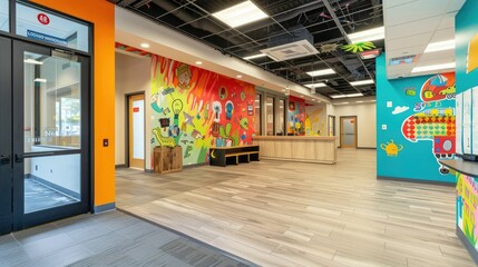 Colorful and inviting interior of a modern elementary school with bright walls and large windows.
