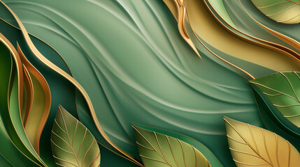 A green leafy background with gold leafy accents