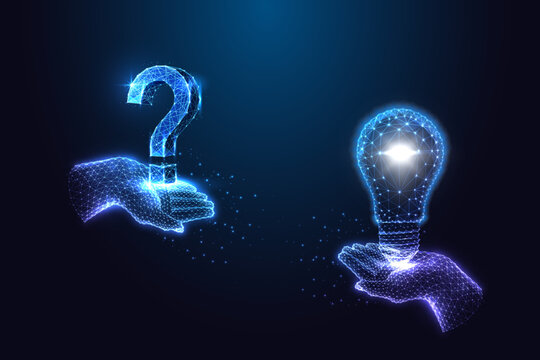 Questions and answers concept, creativity, innovation, futuristic thinking on dark blue background