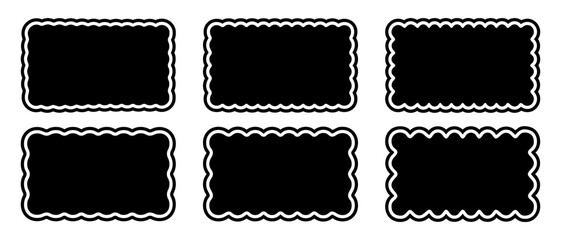 Set or rectangular shapes with scallop borders. Tags or labels, stickers or stamps, highlight or banner rectangle boxes with wavy edges isolated on white background. Vector graphic illustration.