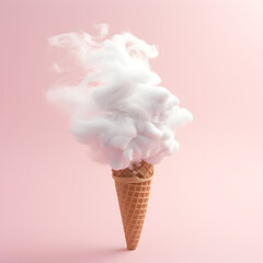 A conceptual image of white smoke billowing out from a waffle ice cream cone against a pink background, summer weight loss low calories diet design