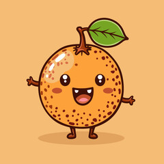 Obraz premium A cartoon longan with a leaf on top is smiling and has its mouth open. It looks like it's happy and excited