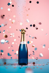 Celebratory champagne bottle amidst a shower of pink and silver confetti against a pastel pink backdrop
