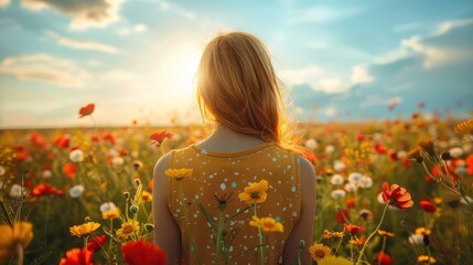 Blooming Beauty: Woman Standing Amidst a Vibrant Field of Flowers
