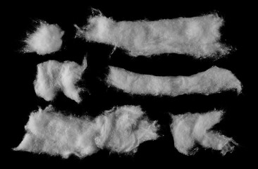 Set absorbent cotton wool pads, swabs, wadding isolated on black, clipping path	