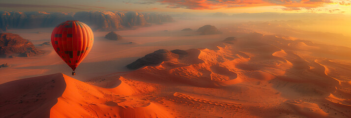 a breathtaking aerial shot of a hot air balloon floating serenely over a vast desert landscape. Rolling sand dunes stretch to the horizon in warm tones of red and orange. 