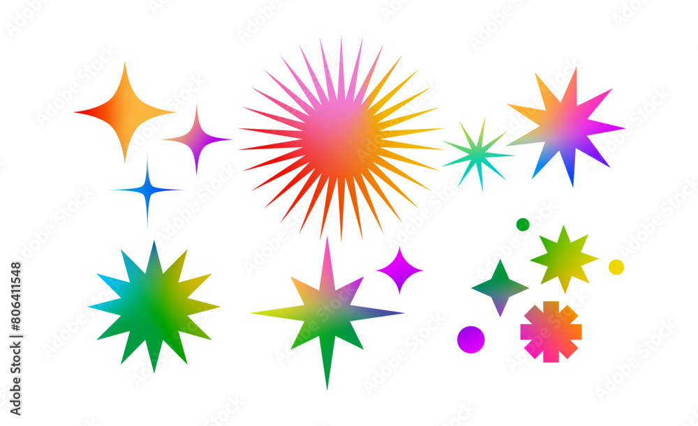 Leinwandbilder Set of Bright Colorful Star Shapes with Gradient. Vector Twinkle in Y2k Style Shapes for Funky Summer Posters and Tattoo. Abstract Shine Christmas Stars.