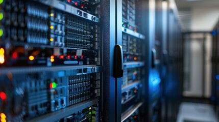Naklejka premium Rack Server on server room Data center, server room security, data center server, web host warehouse data server cabinets network storage database.