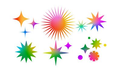Set of Bright Colorful Star Shapes with Gradient. Vector Twinkle in Y2k Style Shapes for Funky Summer Posters and Tattoo. Abstract Shine Christmas Stars.