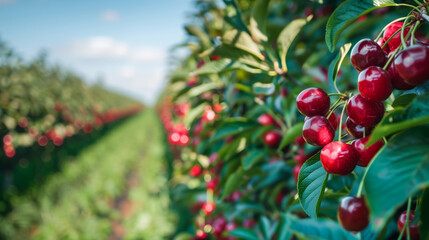 Bright red ripe cherries on a tree branch in a summer cherry garden