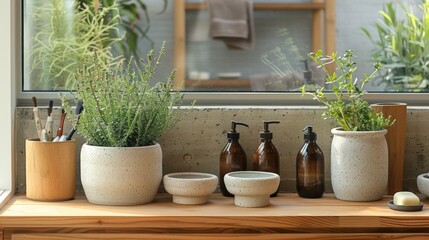 Bathroom Essentials: Display of Plant Tableware and Drinkware on Wooden Table in Home