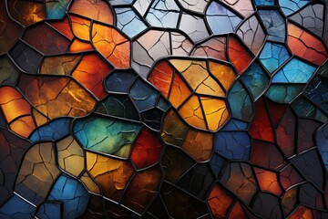 Close-up view of a colorful mosaic made of intricately cracked paint, showcasing a spectrum of vibrant colors and unique textures.