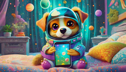 Fototapeta premium oil painting style cartoon character baby dog Astronaut Exploring Cosmic Galaxy with Smartphone in Bedroom