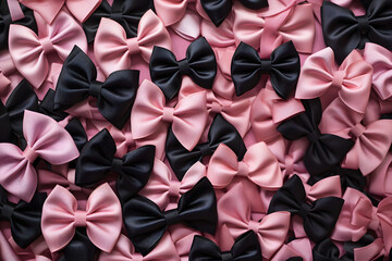 Pattern of pink and black hair bows laid out on a soft velvet surface, aesthetic and stylish,  Generative AI,