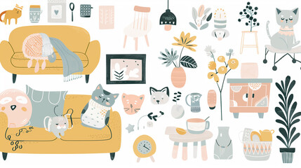 Collection of elegant modern furniture and home interior decorations of trendy Scandinavian or hygge style hand drawn with beige contour lines on white background.