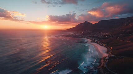 Aerial view of Table Mountain and Camps Bay at sunset, Cape Town, South Africa.